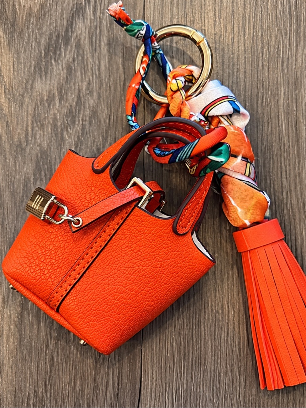 Mini Handbag Keychain Charm with Twilly Scarf & Tassel – Orange